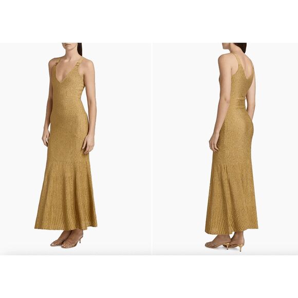 Elisabetta Franchi E. F. Metallic Ribbed Maxi Dress in Gold IT42/US6 $890 - Picture 2 of 11